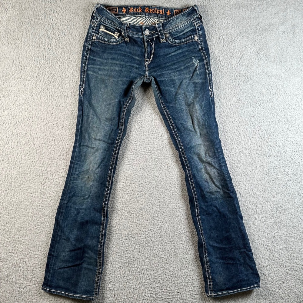 Rock Revival Anett Bootcut Jeans Blue Denim Low Rise Size 27 Contrast Stitch